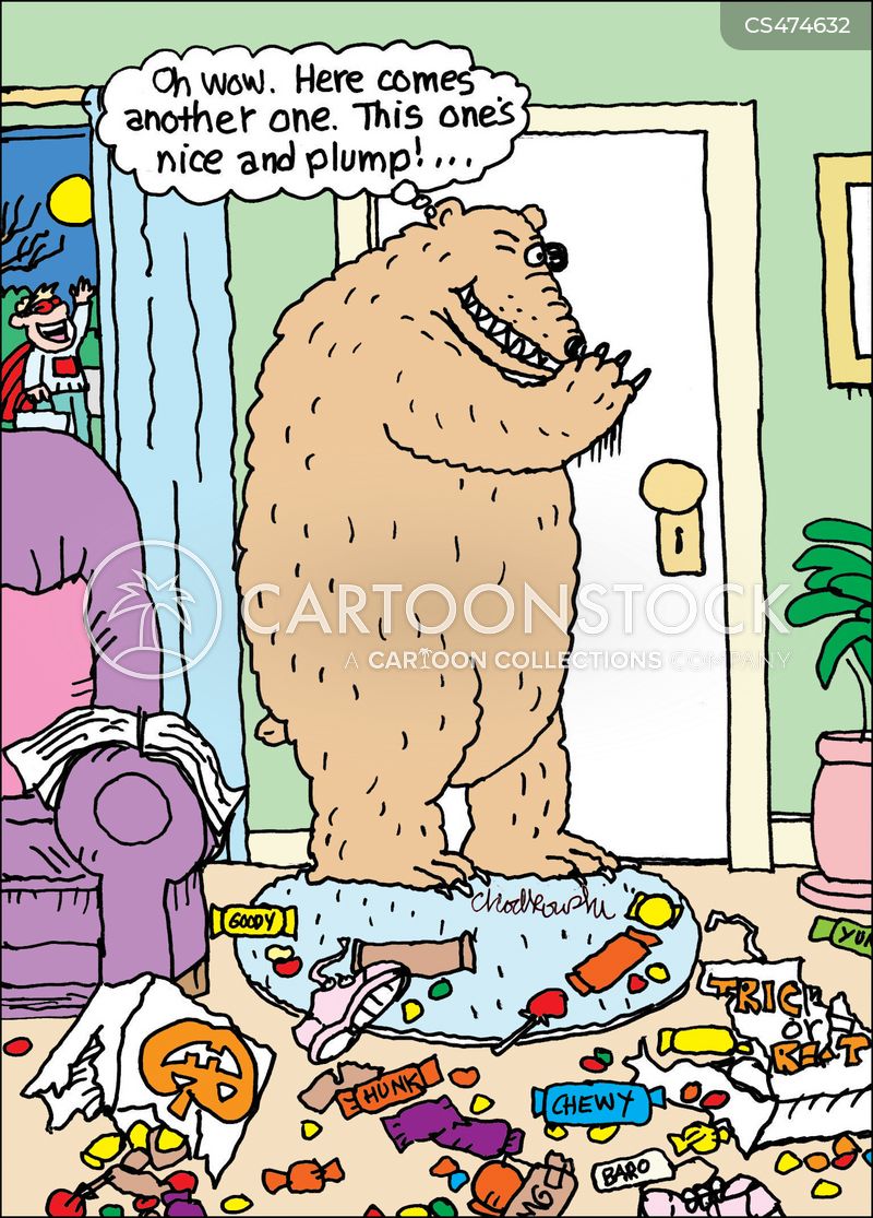 Halloween Cartoon of bear watching plump trick or treaters approaching his front door.