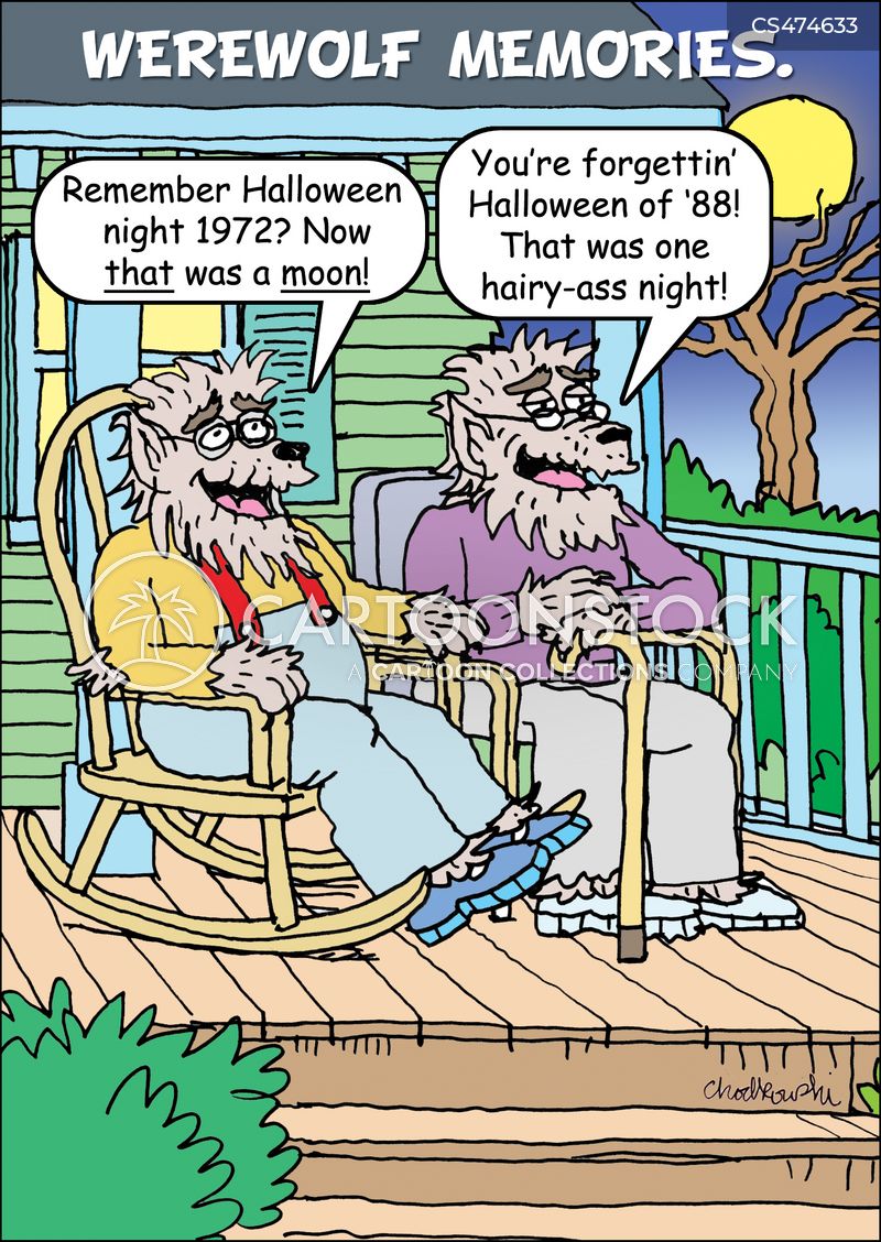 Two old werewolves are sitting on a porch, recalling great Halloween full moons.