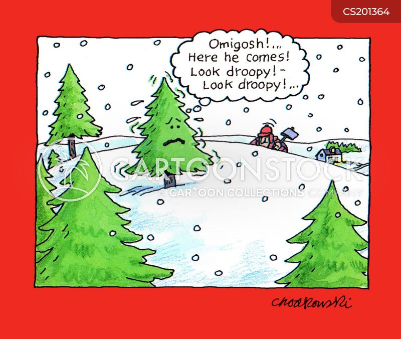 Christmas Trees in the woods. One of them is worried as a man with an axe approaches. The tree tells himself to “look droopy.”