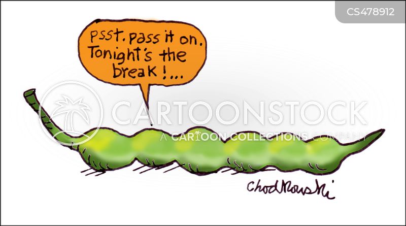 Cartoon of a pea pod. One of the peas inside is saying, “Psst. Pass it on. Tonight’s the break.”