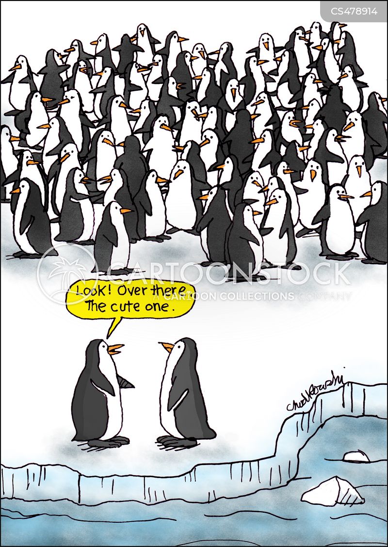 A penguin is pointing out a love interest to another penguin and says, “Over there. The cute one.” “Over there” is a huge gathering of penguins all looking very much alike.