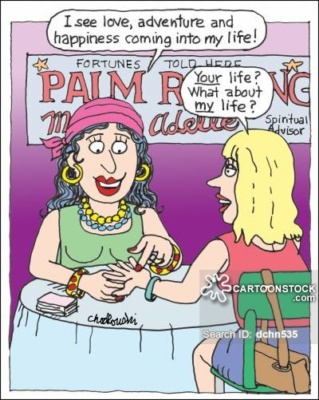 A palm reader is reading her own future while looking at her client’s hand and it's pretty good. The client is left asking, “What about my life”?