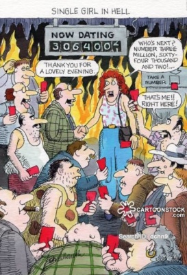 Cartoon of single woman in hell, surrounded by nerdy-looking men waiting to date her.