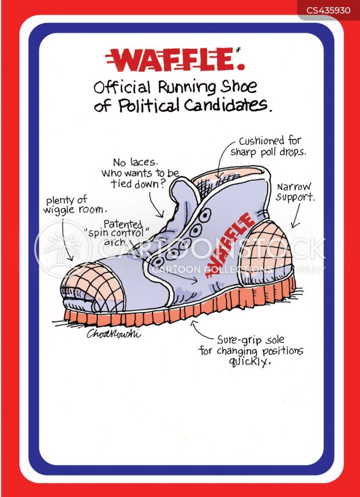 Waffle running shoes of political candidate. It features plenty of wiggle room, no laces to tie you down, patented “spin control” arch, Cushioned for sharp poll drops, narrow support, sure-grip sole for changing position.