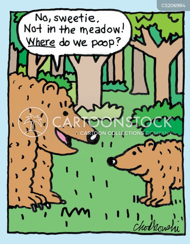 A parent bear is in the woods with a cub. The parent is quizzing the cub on where bears go potty. And the answer is not, "In the meadow."