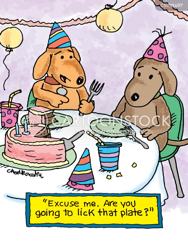At a birthday party, one dog politely asks if another dog is going to lick his plate.