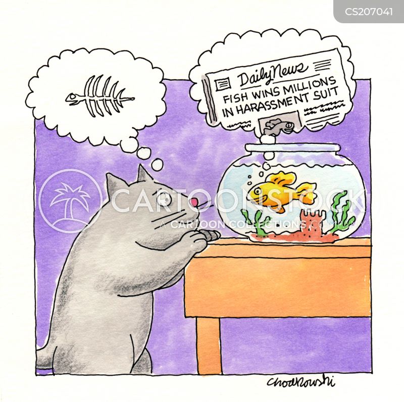 A cat has his paws up on a table and is staring at a goldfish in a goldfish bowl. The goldfish is staring back and thinking harassment law suit.