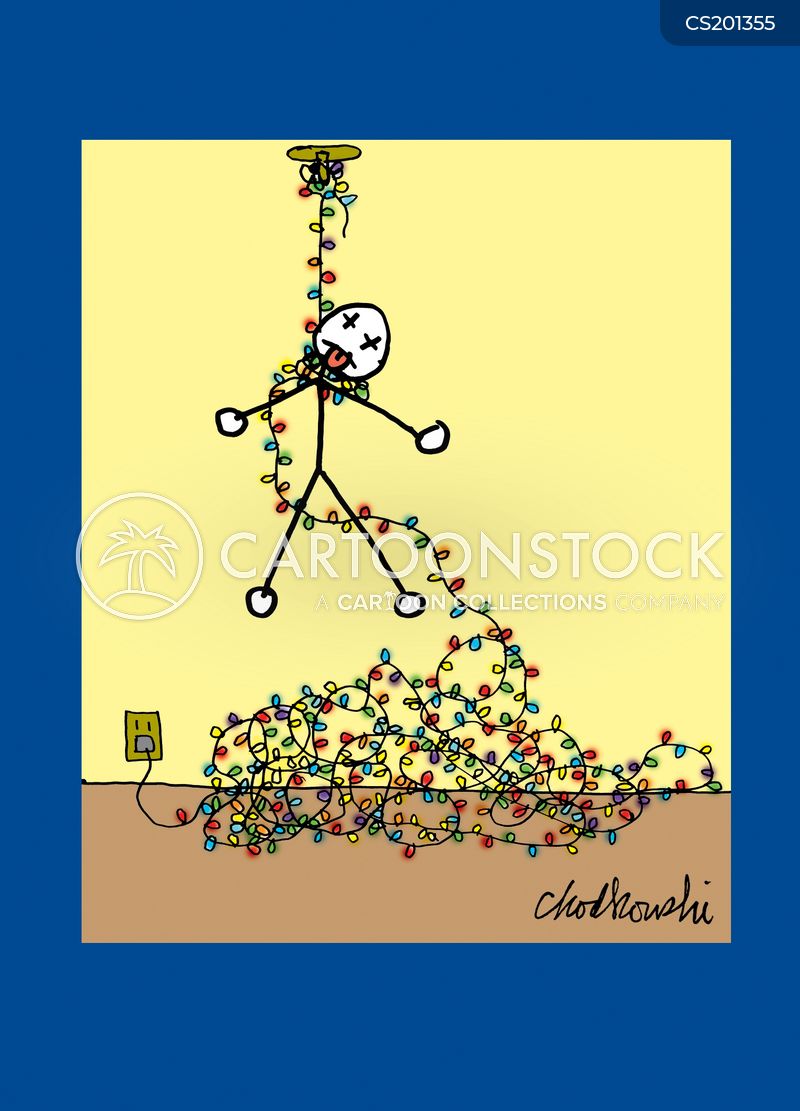 A stick man is hanging from a light fixture in the ceiling, using a line of Christmas lights as the rope.