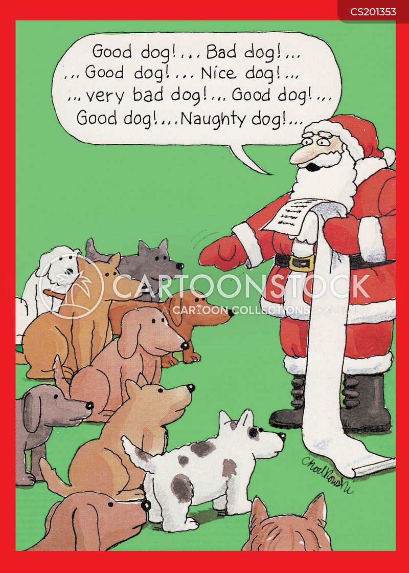 Santa facing a group of dogs while going through his list and pointing out who’s been naughty and who’s been nice.