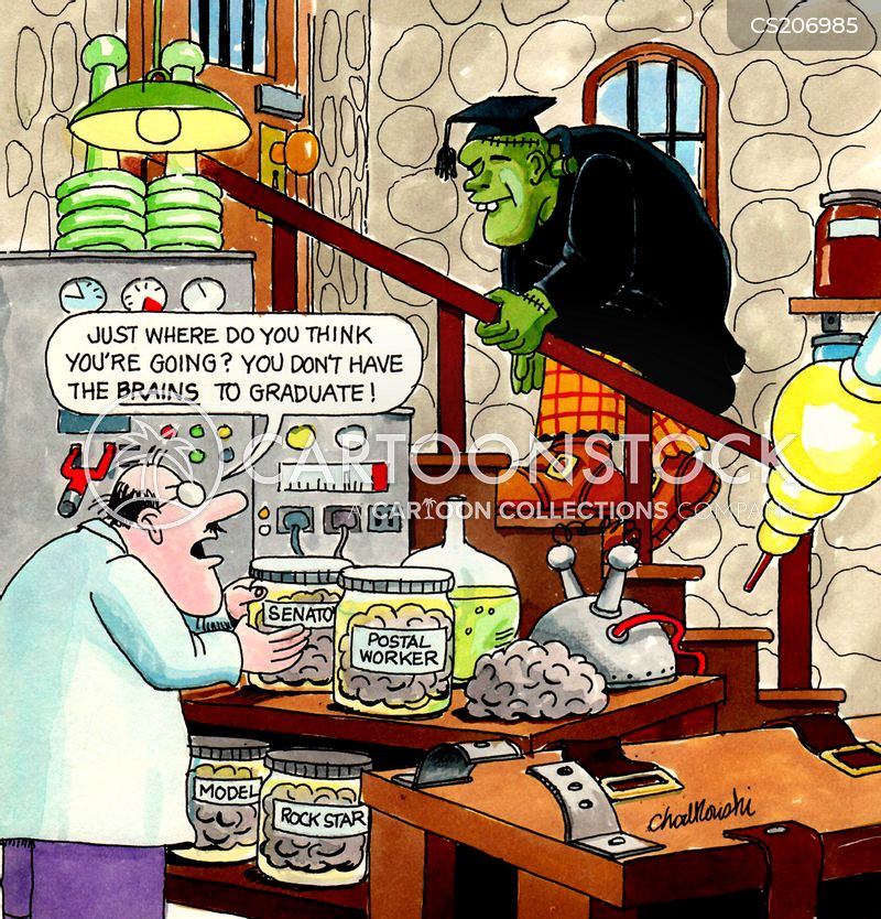 Frankenstein is dressed in robe and graduation cap. The mad doctor tells him to forget it because he doesn’t have the brains to graduate.