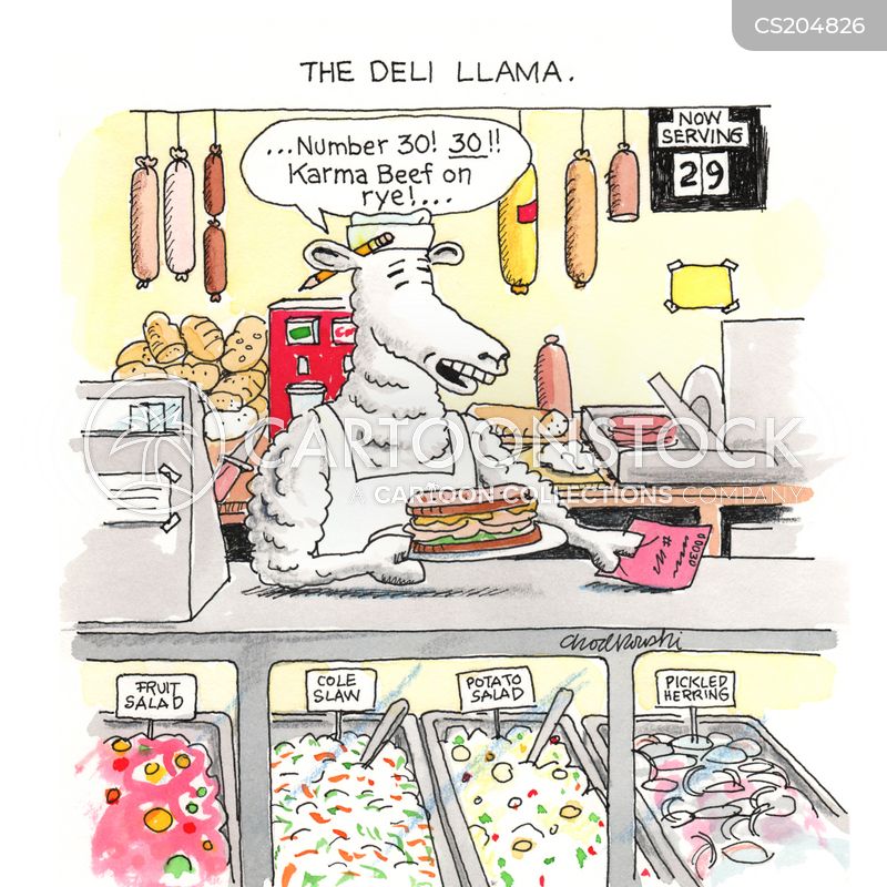 A llama is working the counter of a delicatessen. And it’s title is a play on words: The Deli llama.