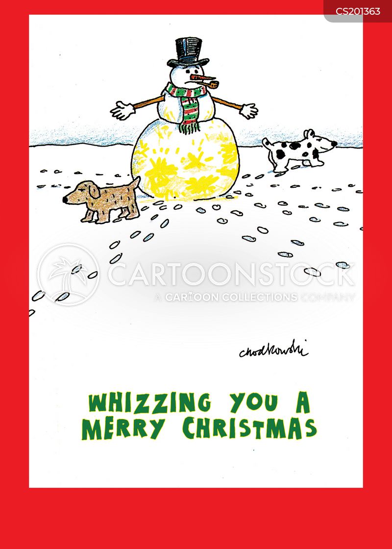 Several dogs are walking away from a snowman they just used as a facility. A sentiment written below says, "Here's whizzing you a Merry Christmas."