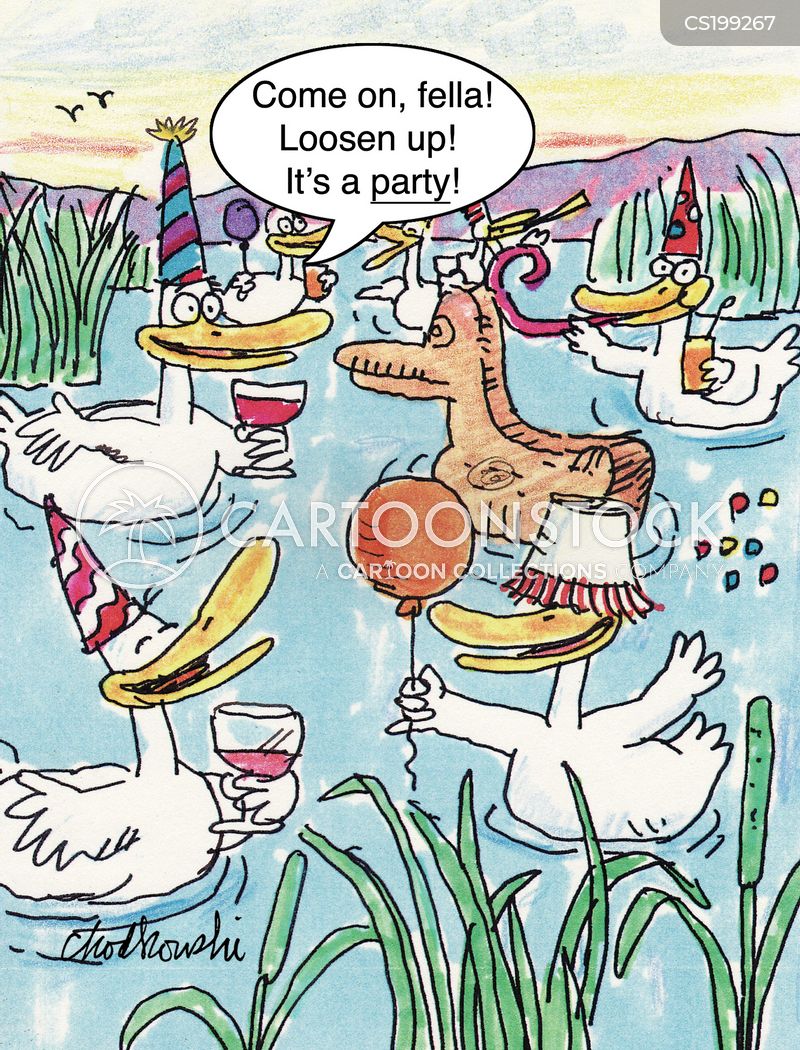 ducks in a pond having a party. They have balloons, party hats, mixed drinks. A wooden duck sits there, too. One of the other ducks is telling him to loosen up. It’s a party.