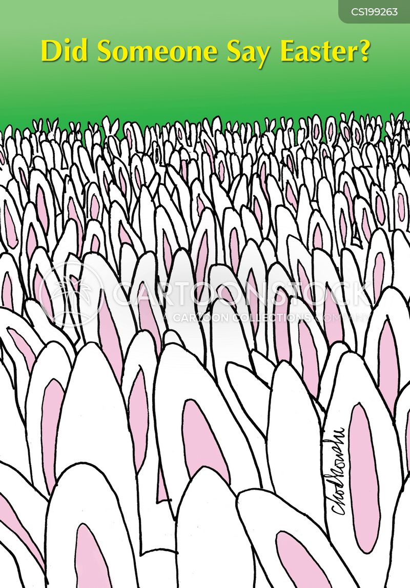 It's a convention of rabbits that goes on forever. But all we see are their ears upright and at attention. The banner asks: Did someone say Easter?”