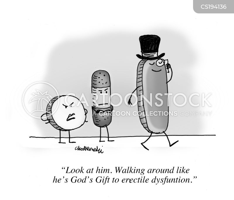 a tall pill wearing a top hat and with a smug expression,is walking by two other normal looking pills. The other two pills grumble that that pill thinks he’s God’s gift to erectile dysfunction.