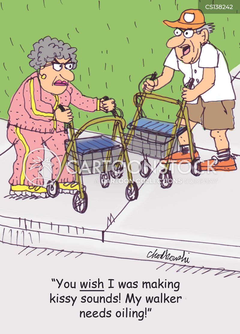A man and a woman, both senior citizens, using walkers run into each other on a sidewalk. The man tells the woman she wishes he was making kissy sounds.