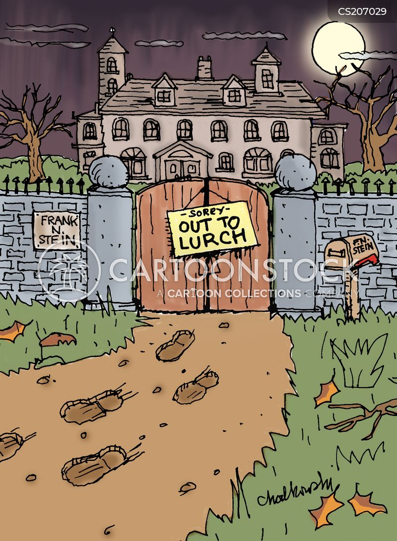 The gate on the stone wall that surrounds Frankenstein’s castle reads: Sorry, out to Lurch.