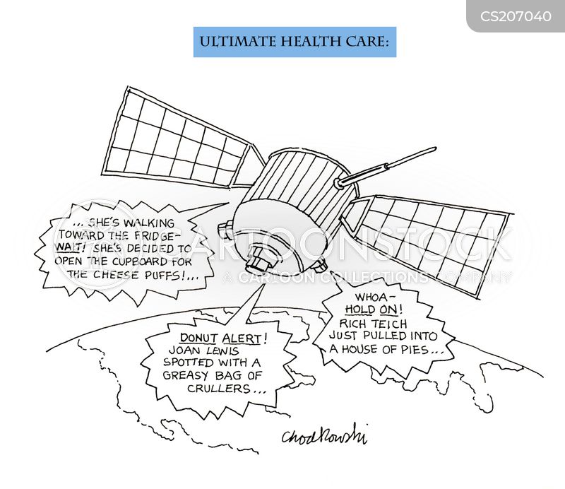 Black & white satellite in sky. It’s reporting when and who on earth are eating “bad” food. It’s identified as the Ultimate Health Care.