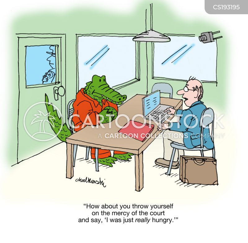 An alligator sits opposite his lawyer in a prison meeting room. The lawyer is suggesting the gator seek mercy saying he was just really hungry.