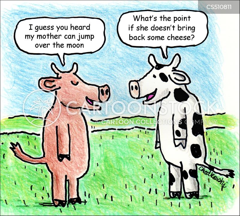 Two calves bragging to each other about their mothers. One says, “My mother gives 8 quarts a day!” The other claims, “Mom can jump over the moon!”