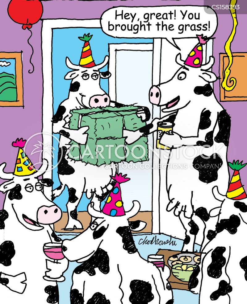 Cows are having a birthday party. One arrives with a bale of hay. Another is happy to see she brought the grass.