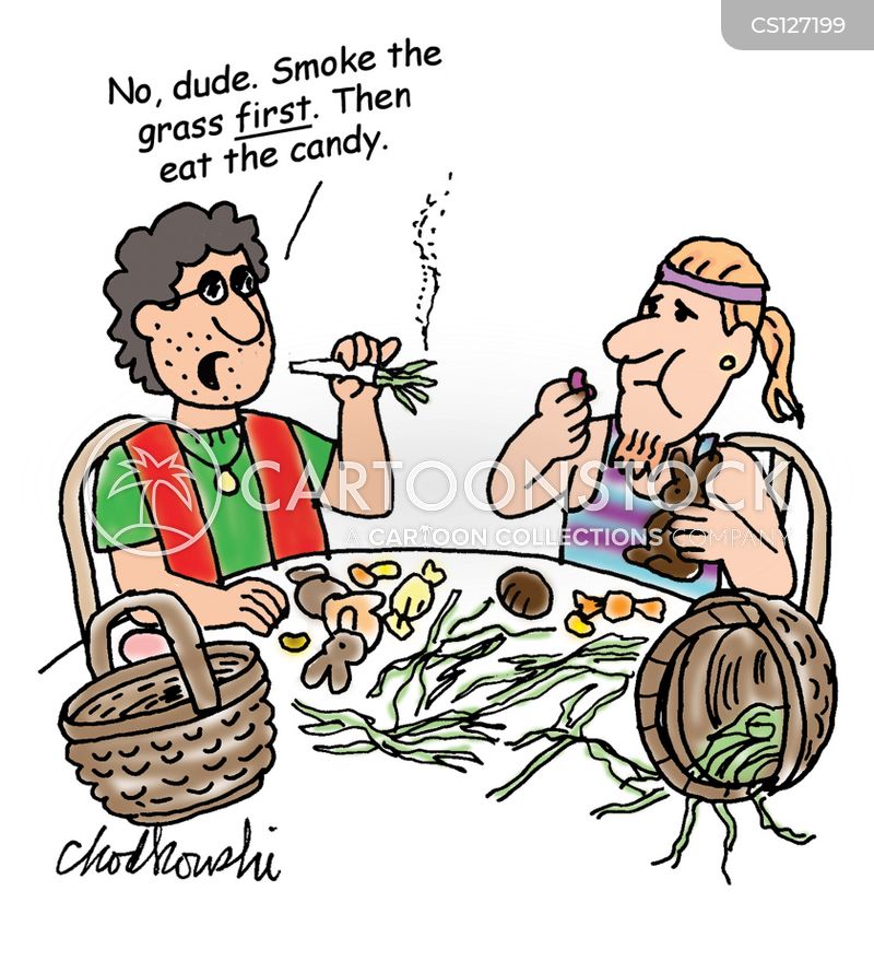 Two “hippies” are sitting at a table covered with marijuana and candy. One guy is smoking a joint. The other is eating a chocolate. The one smoking explains you smoke the grass first, then you eat the candy.