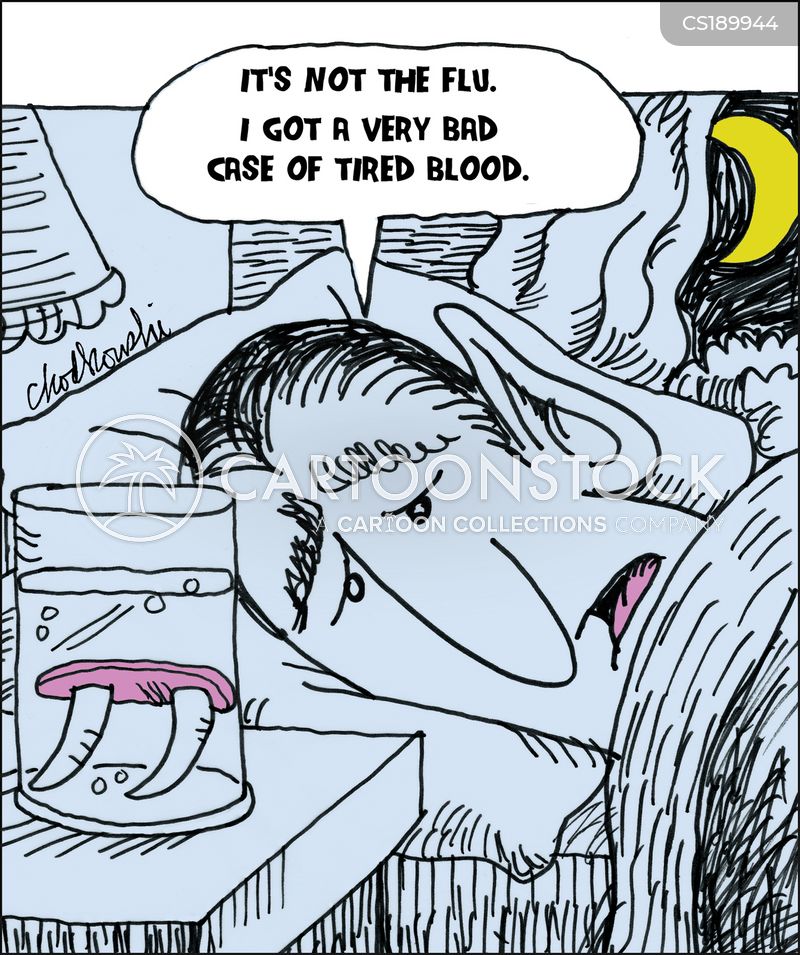 A vampire in bed, his false fang-teeth in a glass. It’s night and you can see a crescent moon through a window. The vampire explains he’s suffering from a bad case of tired blood.