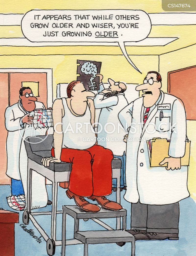 Middle-aged man getting medical check-up in Doctor’s office. The Doctor says “It appears that while others grow older and wiser, you’re just growing older”.