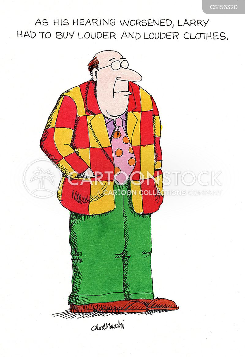 As some men's hearing worsens, they wear louder clothes. But probably because they're also aging. As proof, a balding older man is pictured here wearing green pants, pink tie with orange polka-dots, a red and yellow jacket, purple shirt and brown shoes.