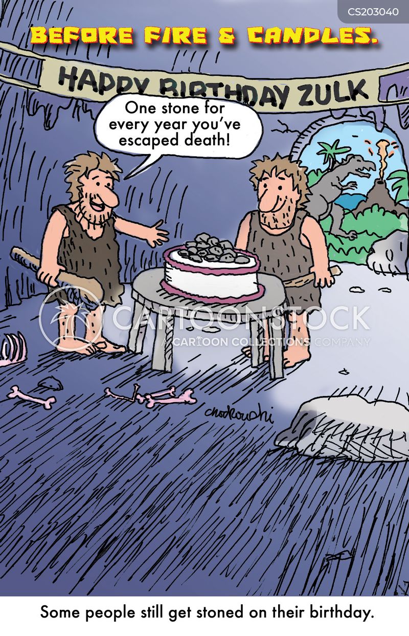 A caveman is presenting a birthday cake with stones in place of candles. Candles haven't been created yet.