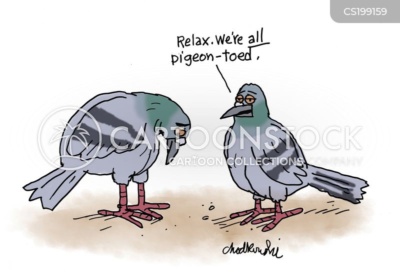 two pigeons standing on sidewalk.One is looking at his feet. The other is telling him to relax, all pigeons are pigeon-toed.
