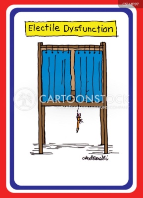 Cartoon of a voting booth. The curtain is drawn but the booth is empty. We can see a pencil on a string is hanging down below the curtain.
