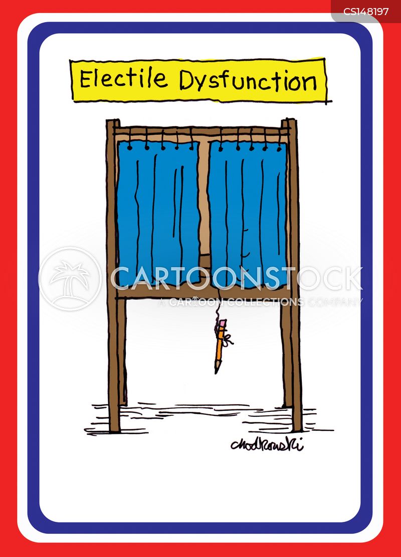 Cartoon of a voting booth. The curtain is drawn but the booth is empty. We can see a pencil on a string is hanging down below the curtain.