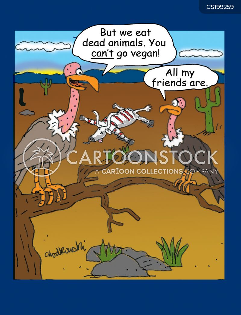 Two vultures on bare tree branch in the desert. On the ground an animal carcass. The bigger one insists they eat animals and can’t go vegan. The younger one explains, “All my friends are.”