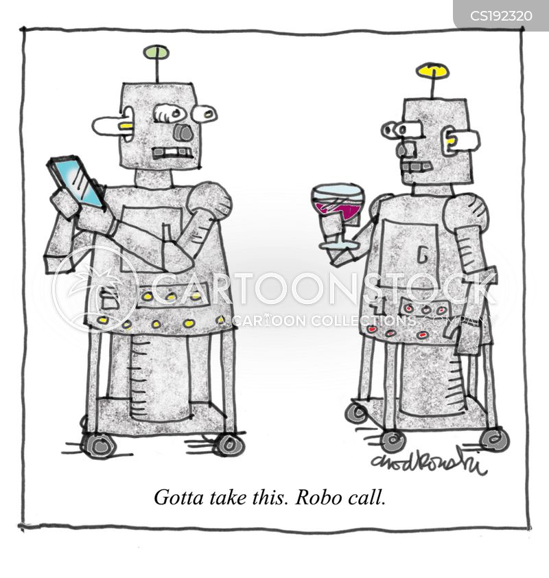 wo robots. One has a cocktail in hand. The other has a smart phone and says,”Gotta take this. Roibo call.”
