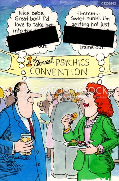 At a Psychics Convention, a man and woman have suggestive thoughts about each other. Their thoughts are censored. But they are psychics.
