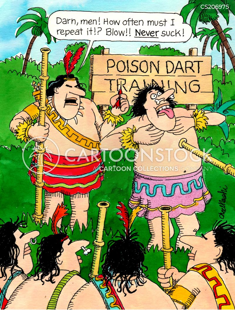 Natives getting poison dart training in the jungle. A student has made a deadly mistake. The instructor is chastising him and other students. How many times does he have to tell them to blow. Never suck?