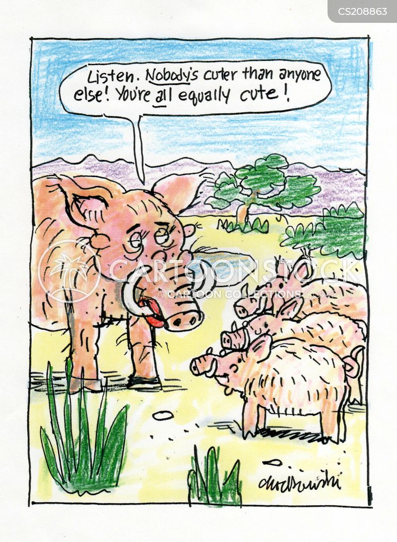 A mother warthog is assuring her children that they’re all equally cute.