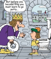 Before ascending the throne, a prince must learn to go potty first. His father, the king, is trying to teach him how.
