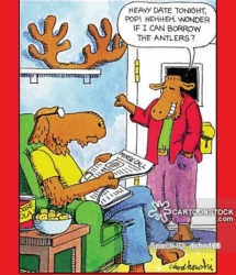 a young male moose, dressed to go out. His father is reading the newspaper. The young moose explains he’s got a heavy date and asks if he can borrow the antlers.