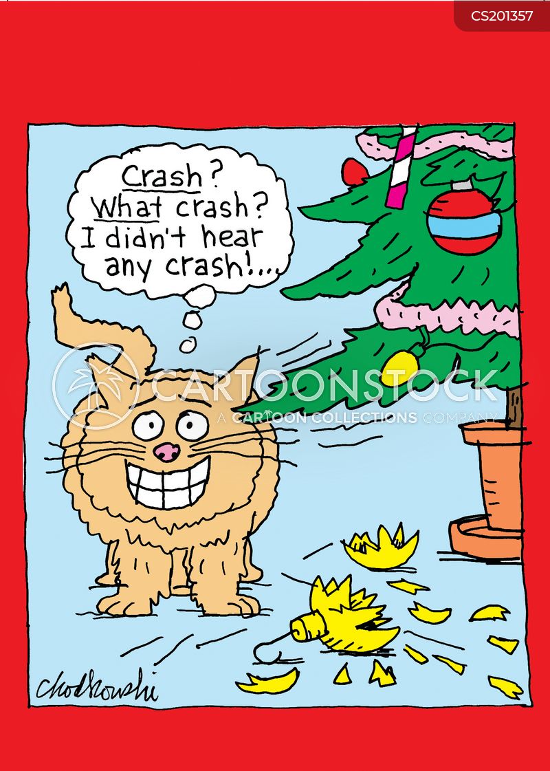 A cat stands next to a Christmas tree and tries to look innocent. A broken bulb is on the floor. The cat thinks, crash? What crash?