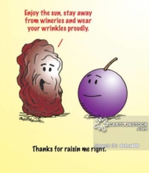 A raisin advises a grape to enjoy the sun and avoid wineries.