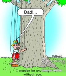 A wooden boy puppet is hugging a tree and saying he wooden be anything without his father.