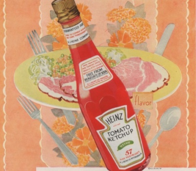 Bottle of Heinz Tomato Ketchup in front of pastel illustration of food on plate. Tag line: The largest selling ketchup in the world"