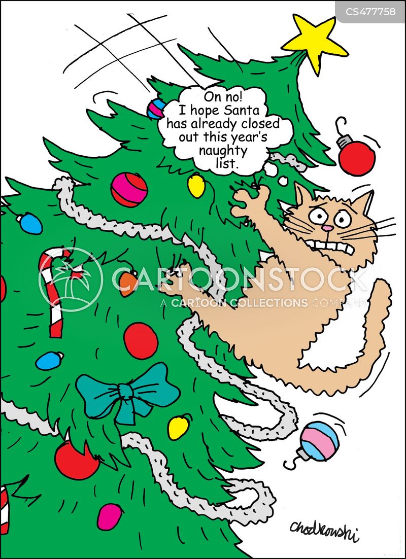 A panicked cat grips a Christmas tree that's crashing and hopes the naughty list has already closed-out.