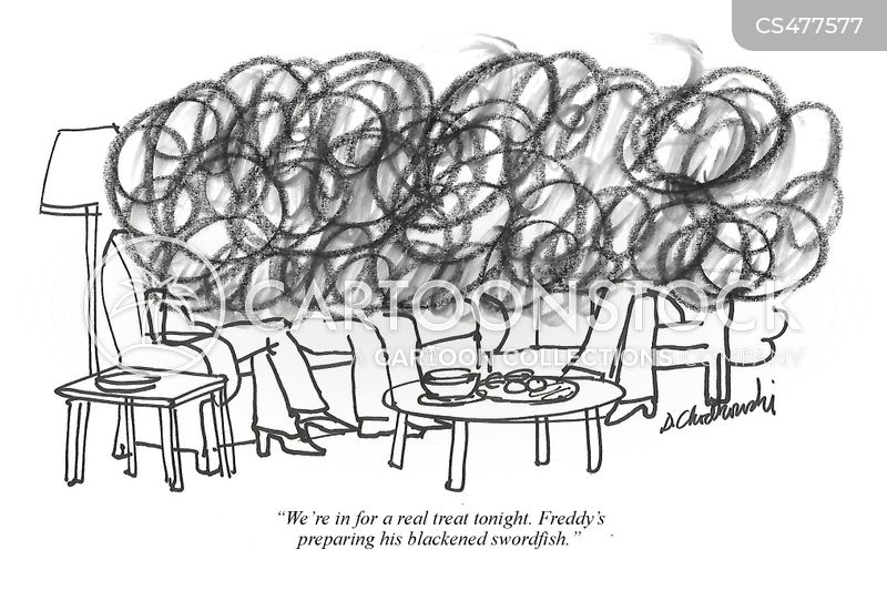 A group of people are sitting in living room. They can’t really see each other because smoke fills the air. One explains they're in for a treat because Freddy is preparing his blackened swordfish.