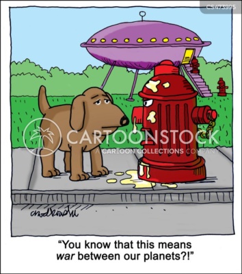 Flying saucer in background, a dog has just peed on a fire hydrant. But it’s not a hydrant, it’s a alien And it says to the dog that this means war between their planets.