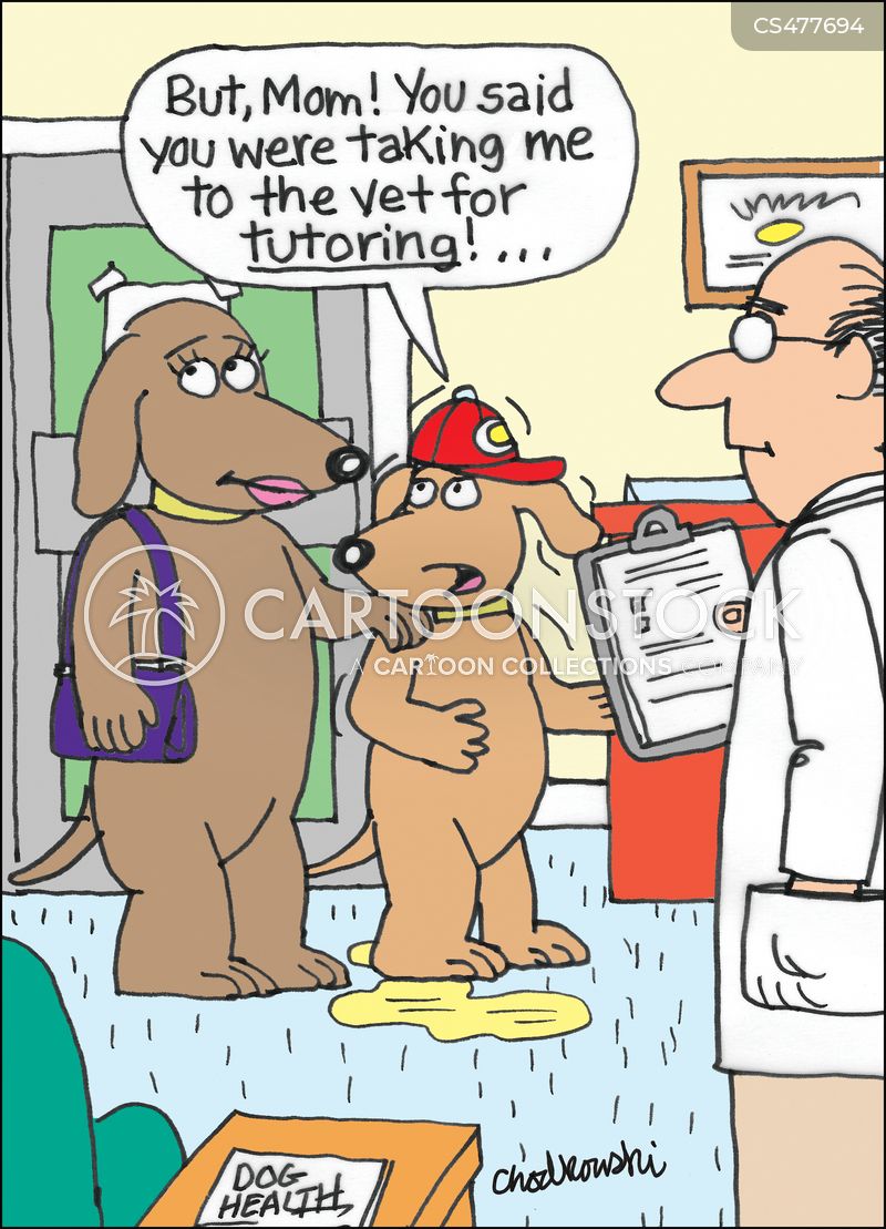 A puppy and his mother are at the vets. The puppy is surprised. His mother told him he was going to Vet for “tutoring.”