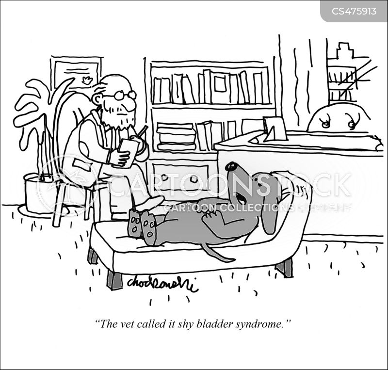 A dog is on the psychiatrist’s couch explaining he suffers from “shy bladder syndrome.”