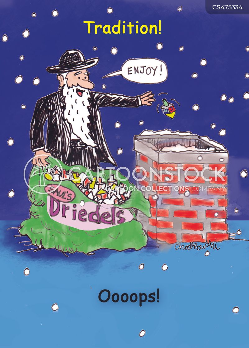 A rabbi with a big bag of driedels is on a roof dropping some down the chimmy. It's snowing and he's delivering like Santa. Combining traditions.